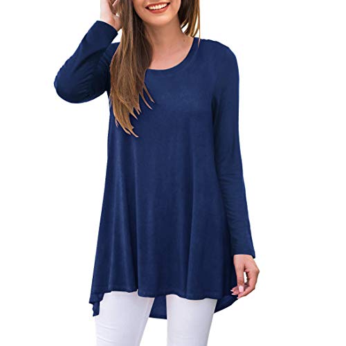AWULIFFAN Damen Casual Rundhals Langarm Lose Tunika T-Shirt Bluse Tops, 08 Marineblau, Large von AWULIFFAN