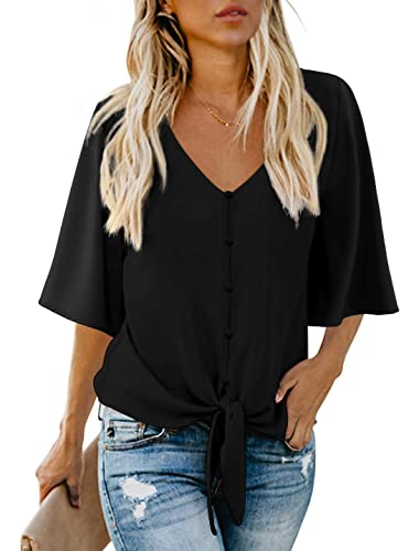 AWULIFFAN Damen Casual V-Ausschnitt Fledermausärmel Tops Tie Front Chiffon Blusen Button Down Shirts, 03 Schwarz, Groß von AWULIFFAN
