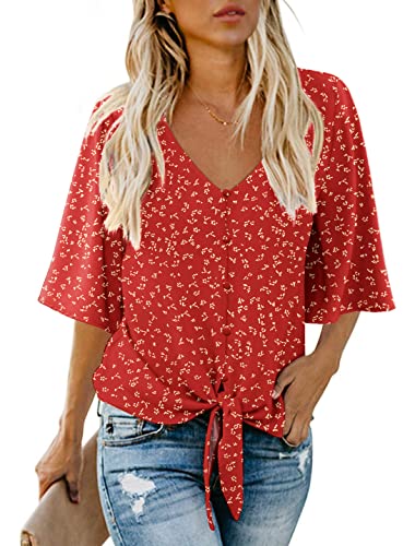AWULIFFAN Damen Casual V-Ausschnitt Fledermausärmel Tops Tie Front Chiffon Blusen Button Down Shirts, 14 Blume rot, Mittel von AWULIFFAN