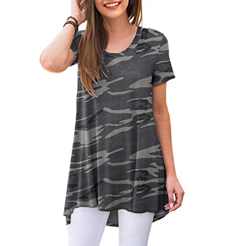 AWULIFFAN Damen Sommer Ärmellos V-Ausschnitt T-Shirt Tunika Tops Bluse Shirts, 35 Kurzarm-Grau-Camouflage, 4X-Large von AWULIFFAN