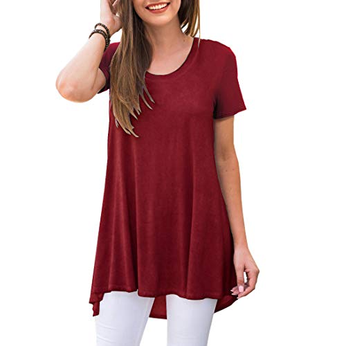 AWULIFFAN Damen Sommer Ärmellos V-Ausschnitt T-Shirt Tunika Tops Bluse Shirts, 39 Kurzarm-Weinrot, Large von AWULIFFAN