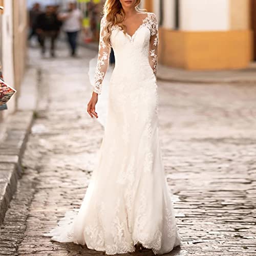 AWUPBDKR Brautkleid Standesamt Lang V-Ausschnitt a Linie Elegant Langarm Tüll Spitze Applikationen Große Größen Brautkleider Hochzeitskleider mit Schleppe, Weiß, 38 von AWUPBDKR