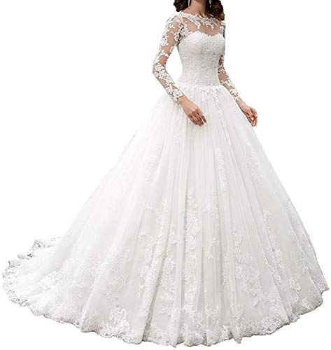 AWUPBDKR Damen Brautkleider A-Linie Spitzen Hochzeitskleid Standesamtliche Lang Trauung Brautmode Kleid mit Ärmel, Elfenbein, 58 von AWUPBDKR