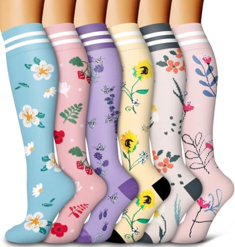 Kompressionsstrümpfe für Frauen und Männer 6-Pack Kupfer Kompressionssocken Zirkulation-beste Unterstützung für Medizin, Laufen, Krankenpflege, Athletik (C-Assorted-4, S-M) von AWXUOCK