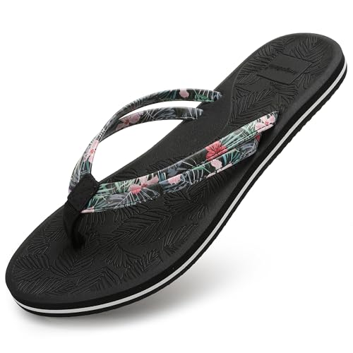 AX BOXING Flip Flops Damen Sommer Zehentrenner Sandalen Blumen Badelatschen Strand Flach Zehentrenner Rutschfest Sandalen Größe 36-41 EU(Schwarz,37 EU) von AX BOXING