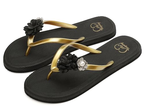 AX BOXING Flip Flops Damen Sommer Flach Zehentrenner Blumen Badelatschen Rutschfest Badeschlappen Indoor Outdoor Hausschuhe Größe 36-41 EU (Schwarz_04,36 EU) von AX BOXING