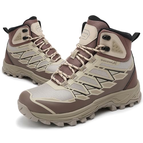 AX BOXING Wanderschuhe Damen Wasserdicht Leicht Mid Wanderstiefel Atmungsaktiv Trekkingschuhe Outdoor Hiking Schuhe Größe 36-40 EU(Khaki, 36 EU) von AX BOXING