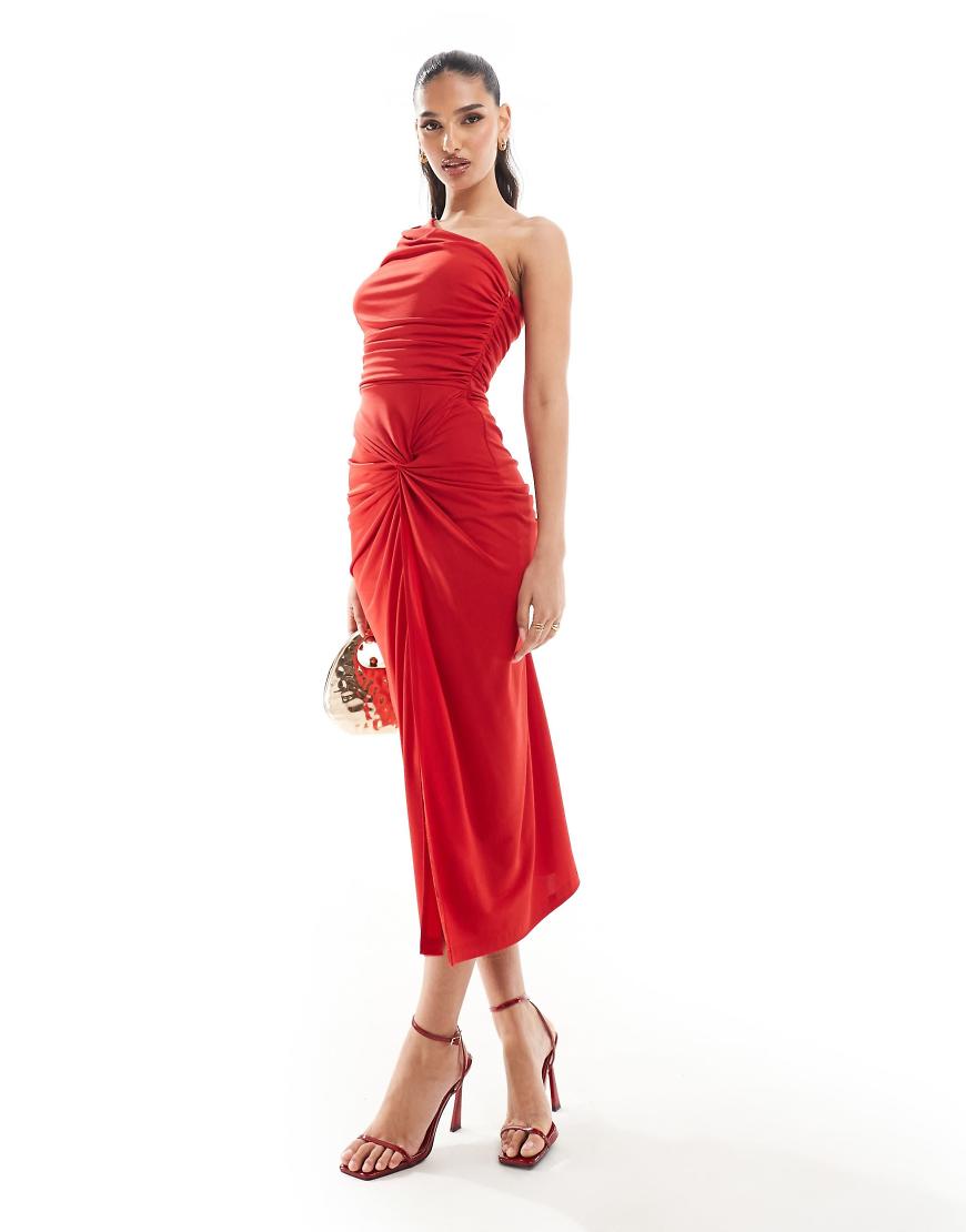 AX Paris - Gerafftes, figurbetontes Midikleid in Rot mit One-Shoulder-Träger und verdrehtem Detail AX Paris - Gerafftes, figurbetontes Midikleid in Rot mit One-Shoulder-Träger und verdrehtem Detail von AX Paris