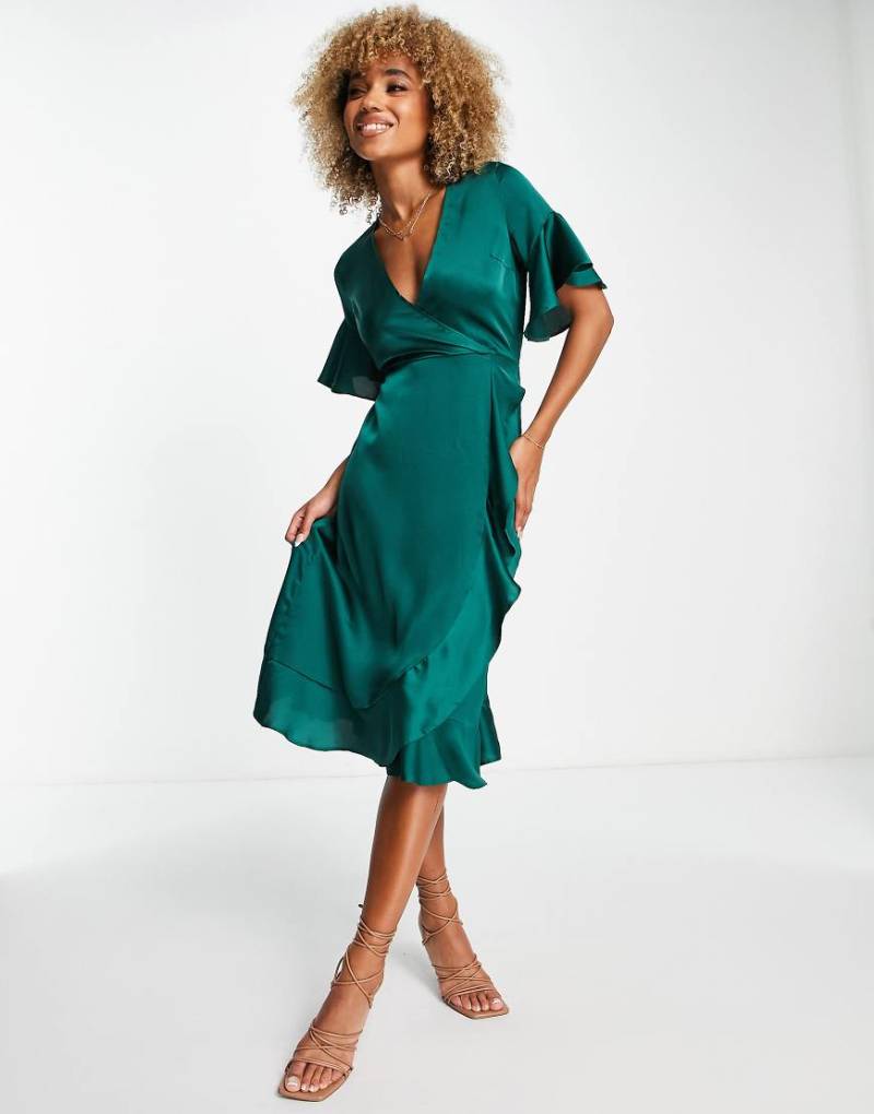 AX Paris - Midi-Wickelkleid in Smaragdgrün mit Rüschen von AX Paris