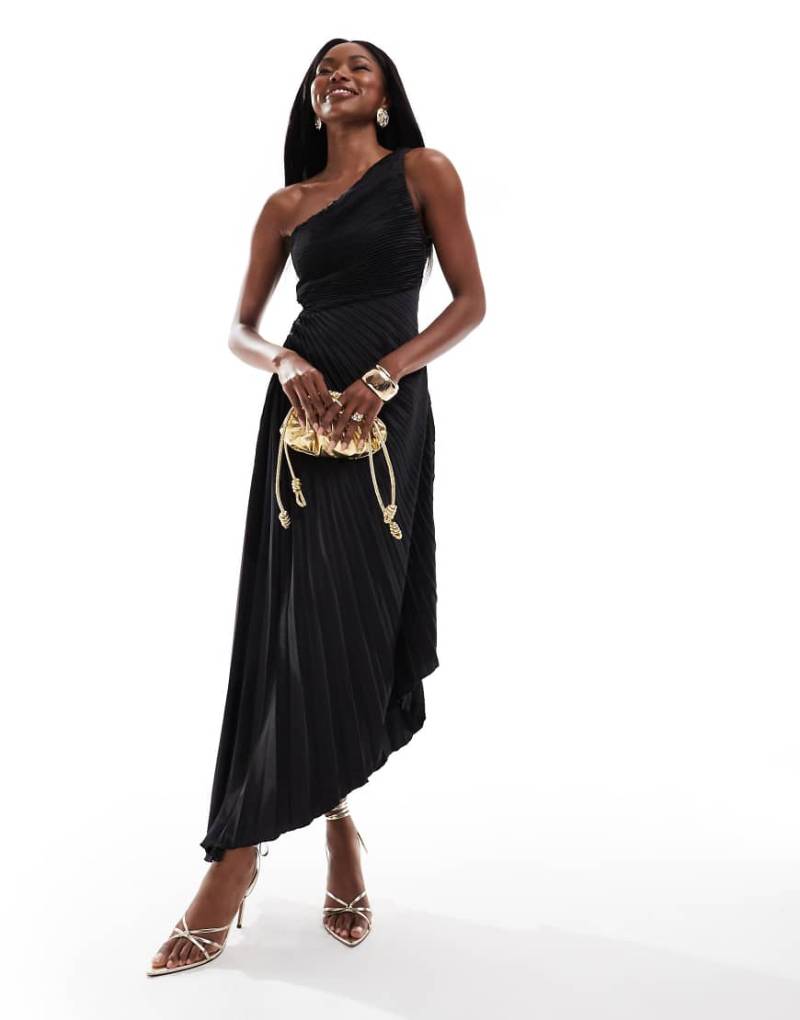 AX Paris - Plissee-Midikleid in Schwarz mit One-Shoulder-Träger von AX Paris