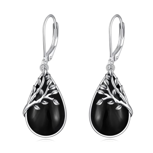 AXELUNA Baum des Lebens Ohrringe Sterling Silber Teardrop Obsidian baumeln Leverback Ohrringe für Frauen von AXELUNA