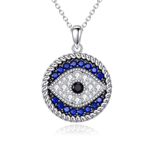 AXELUNA Böse-Auge Amulettkette für Damen - 925 Sterling Silber mit blauem Saphir & schwarzem Zirkonia von AXELUNA