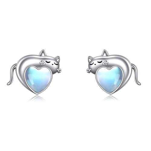 AXELUNA Katze Ohrringe Sterling Silber Mondstein Katze Ohrringe Niedliche Tier Kitty Ohrringe Katze Schmuck Frauen Geschenke Mädchen Hypoallergene Ohrringe für empfindliche Ohren von AXELUNA