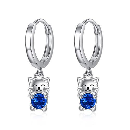 AXELUNA Katze baumelt Ohrringe für Frauen 925 Sterling Silber Katze Drop Hoop Ohrringe Blau Kristall Schmuck Geschenk für Frauen von AXELUNA