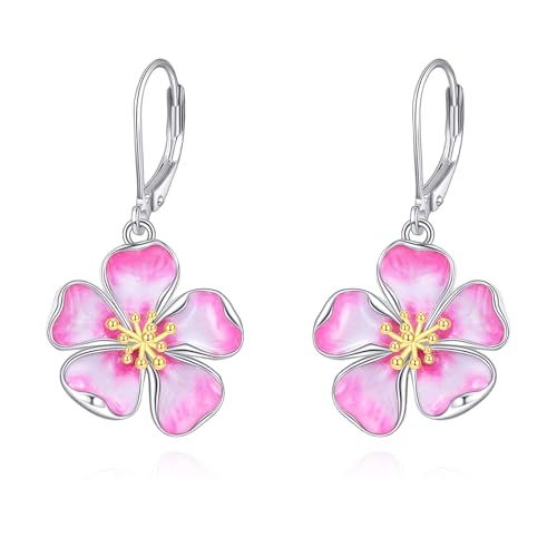 AXELUNA Kirsche Blume Ohrringe für Frauen Sterling Silber rosa Emaille Kirsche Blume baumeln Tropfen Ohrringe Schmuck Geschenke für Mutter Ehefrau von AXELUNA