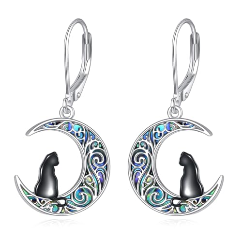 AXELUNA Schwarze Katze Ohrringe 925 Sterling Silber Mond Katze Ohrringe Abalone Shell Halloween Katze Ohrringe Katzenschmuck für Frauen von AXELUNA