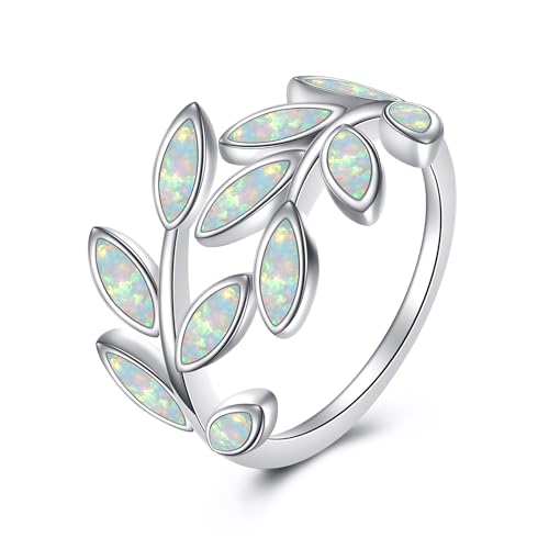 AXELUNA Weißer Opal Blatt Ring für Frauen 925 Sterling Silber Adjustable Leaf Ring Schmuck Geschenk für Mutter Ehefrau von AXELUNA