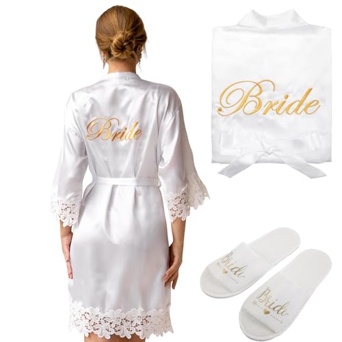 AXERHK Bride Morgenmantel Damen Bademantel V Ausschnitt Satin Morgenmantel Braut Bademantel mit Hausschuhe für Hochzeit JGA Partydeko von AXERHK