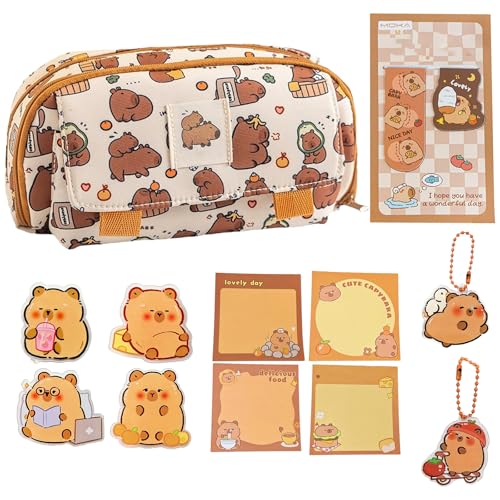 AXERHK Capybara Federmäppchen, Schulsachen, 13 STÜck Federmäppchen Clip Haftnotizen Lesezeichen Acryl Anhänger, Groß Federtasche mit Fächer Stoff für Studenten Geschenk Schule Bürobedarf Schulsachen von AXERHK