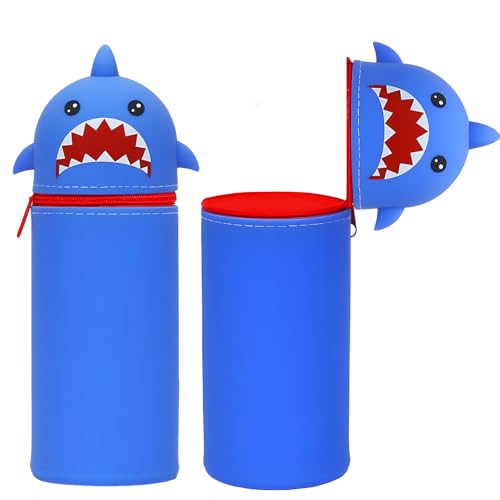 AXERHK Federmäppchen, Mäppchen, 7.48 * 2.75 Zoll Blau 2 in 1 Süßes Federmappe, Kawaii Federmäppchen Tischstifthalter Schulmäppchen, Süßes Schulgeschenk für Kinder (Hai Federmappe) von AXERHK