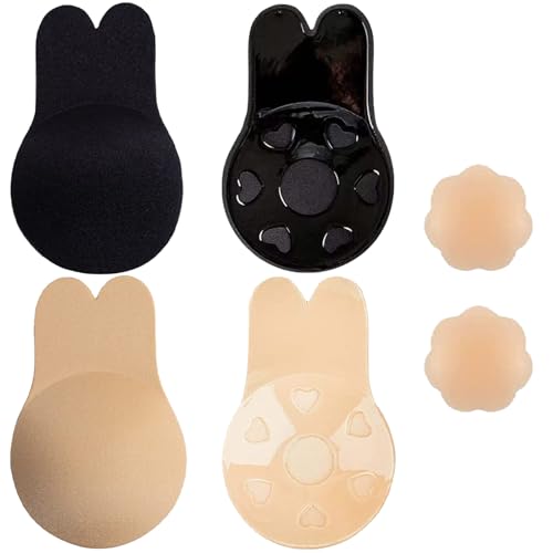 AXERHK Klebe BH Push Up, 6 Stück Sticky Bra mit Silikon Hasen Schwarze Hautton Push Up Klebe BH und Kleine Nippelpads, Klebe-BHS für Tief Ausgeschnittene Kleider Brautkleid Damen Rückenfreies Kleid von AXERHK