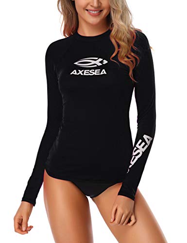 AXESEA Damen Rash Guard Langarm Aktiv Top UPF 50+ Rashguard-Schwimmen-Hemd Surf Bademode Klein Schwarz von AXESEA