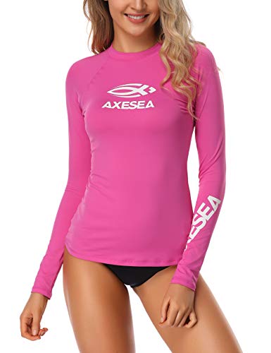 AXESEA Damen Rash Guard Langarm Aktiv Top UPF 50+ Rashguard-Schwimmen-Hemd Surf Bademode Mittel Rose Red von AXESEA