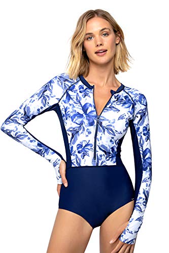 AXESEA Damen Rash Guard Langarm Einteiler Badeanzug UV UPF 50+ Sonnenschutz Reißverschluss Gedruckt Patchwork Badeanzug, Waschlackierung., 36 von AXESEA