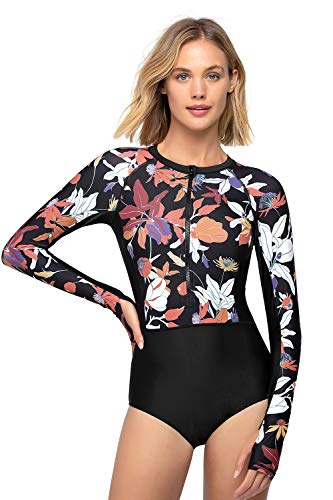 AXESEA Damen Rash Guard Langarm Einteiler Badeanzug UV UPF 50+ Sonnenschutz Reißverschluss Gedruckt Patchwork Badeanzug, fee, 40 von AXESEA