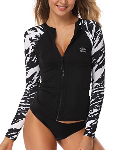 AXESEA Damen Rash Guard Tops Langarm Badeanzüge Bedruckt UV Sonnenschutz Schwimmshirt - Schwarz - 38 von AXESEA