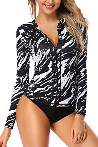 AXESEA Damen long sleeve rash guard upf 50+ uv-sonnenschutz mit reißverschluss badeanzug shirt gedruckt surfen hemd top us 10 (lesen verkäufer größentabelle in bild) schwarz von AXESEA