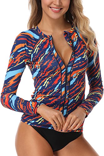 AXESEA Damen long sleeve rash guard upf 50+ uv-sonnenschutz mit reißverschluss badeanzug shirt gedruckt surfen hemd top us 14 (lesen verkäufer größentabelle in bild) orange von AXESEA