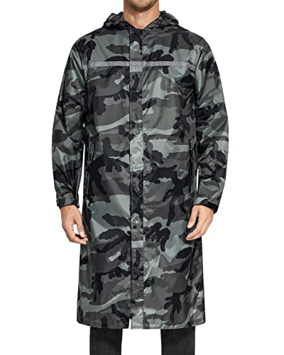 AXESQUIN Lange Regenjacke Herren Wasserdicht Atmungsaktiv mit Kapuze Packbar Regenmantel mit Reflektierender Streifen Regenponcho für Outdoor Fahrrad Wander-Camo L von AXESQUIN