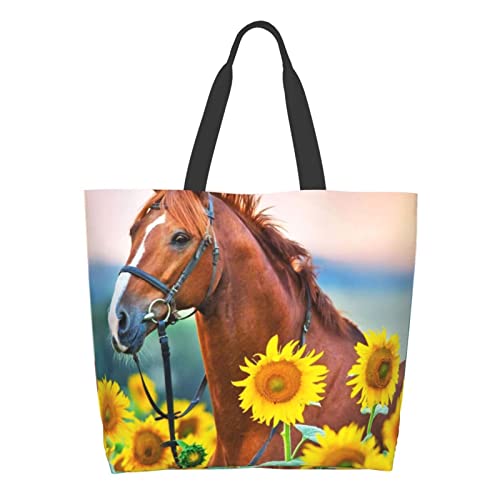 AXETVSOK Handtasche Schultertasche, niedliche Pferde-Sonnenblumen-Tragetasche, Einkaufstasche, wiederverwendbare Einkaufstasche, siehe abbildung, Einheitsgröße von AXETVSOK