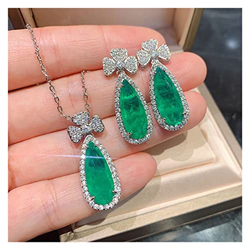 AXHNGUQB Ketten für Damen 2021 925 Sterling Silber Wassertropfen Paraiba Turmalin Smaragd Anhänger Halskette Ohrringe Hochzeit Damen Schmuck Set erfüllen (Color : 45cm, Size : Green earrings) von AXHNGUQB