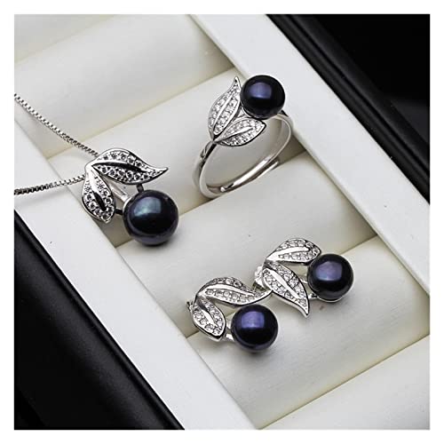 AXHNGUQB Ketten für Damen Schwarze Perlenkette Ohrringe Schmucksets for Frauen, 925er Sterlingsilber-Blattperlen-Set erfüllen (Size : Grey pearl set) von AXHNGUQB