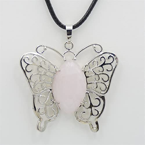 AXHNGUQB Raumdekoration Neue süße Schmetterling Anhänger & Halskette Silber Farbe Flügel Naturstein Rosa Quarze Kristallauge Pferdeform Perlen Frauen Schmuck (Color : Pink Crystal) von AXHNGUQB