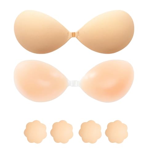 AXINYINGESS Klebe BH Push Up Trägerloser– Selbstklebender Rückenfreier BHS für Frauen mit Brustwarzenabdeckung Wiederverwendbarer Silikon-Stick BH on für A/B/C/D-Cup Klebe BHS von AXINYINGESS