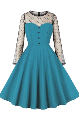 AXOE Dame Retro A-Line Kleid mit Herz-Details Atmungsaktiver mixstoff Knitterfrei und Dehnbar Sommerfestlich und Alltagstauglich Unsichtbarer Reißverschluss Seegrün, Gr.42 (EU 44), XL von AXOE