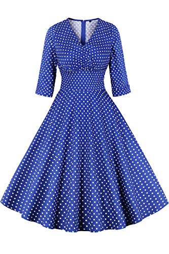 AXOE Damen 60er Jahre Kleid Rockabilly A-Linie V-Ausschnitt 3/4 Ärmel Baumwolle für Büro Date Freizeit Blau mit Weiß Gepunktete, Gr.36 (EU 38), S von AXOE