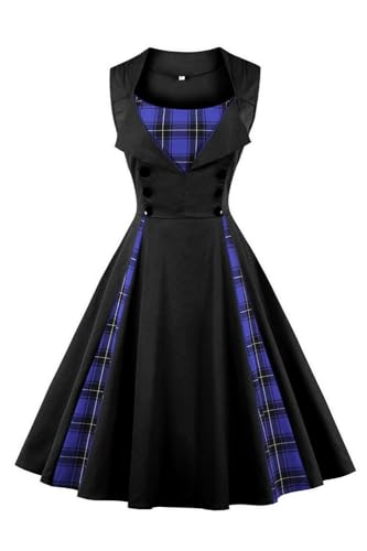 AXOE Damen 50er Jahre Kleid Rockabilly Vintage A-Linie Vichy-Dessin Festliches Cocktailkleid Elegante für Hochzeit Baumwolle Knielang Schwarz mit Blau Tartan, Gr.36, S von AXOE