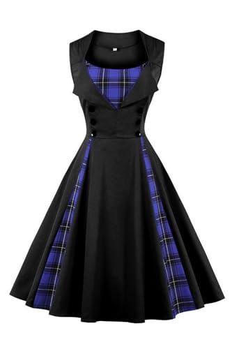 AXOE Damen 50er Jahre Kleid Rockabilly Elegant Festliche Cocktailkleid Partykleider Vintage für Hochzeit Knielang Schwarz mit Blau Tartan Muster, Gr.38, M von AXOE