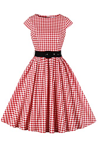 AXOE Damen 50er Jahre Kleid Rockabilly mit Gürtel Festkleid A Linie für Hochzeit Rot Kariertes Gr.40, XL von AXOE