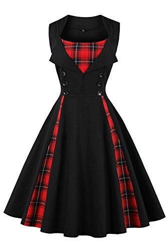 AXOE Damen 50er Jahre Kleid Vintage Cocktailkleid Elegante Partykleider Faltenrock A-Linie Schwarz mit Karierter, Gr.36-38, M von AXOE