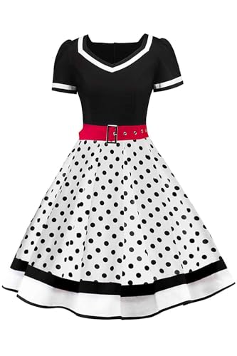 AXOE Damen 50er Jahre Kleider Rockabilly Vintage Festliches mit Abnehmbarer Gürtel A LinieWeiß Schwarz Polka Dots, Gr.40, L von AXOE