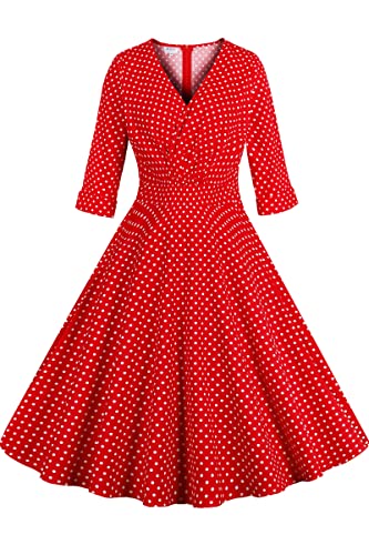 AXOE Damen 60er Jahre Kleid Rockabilly 3/4 Langarm Rot mit Weiß Gepunktete, Gr.38, M von AXOE