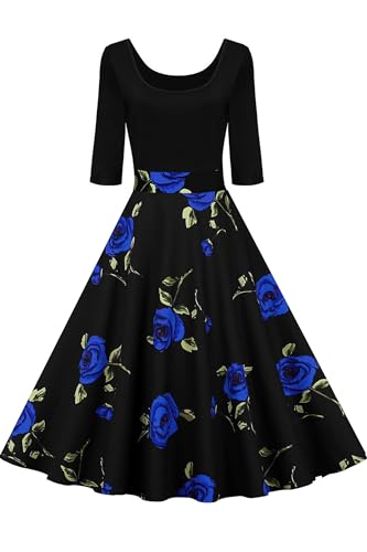 AXOE Damen 60er Jahre Kleid Vintage Festliches 3/4 Ärmel 50er Jahre Outfit Schwarz mit Blau Rosenmuster F10B, Gr.42, XL von AXOE