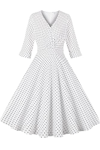 AXOE Damen 60er Jahre Kleid Rockabilly A-Linie V-Ausschnitt 3/4 Ärmel Baumwolle für Büro Date Freizeit Weiß mit Scharz Gepunktete, Gr.44 (EU 46), XXL von AXOE