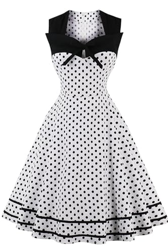 AXOE Damen Rockabilly Kleid 50er 60er Jahre Vintage Elegant Festlich Cocktailkleid für Hochzeitsgast Weiß mit Schwarzen Punkten, Gr. 36, S von AXOE