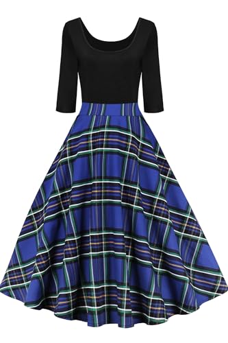 AXOE Damen 60ziger Jahre Kleid Vintage Festliches 3/4 Ärmel 50er Jahre Outfit Schwarz mit Blau Kariert F7B, Gr.38, M von AXOE